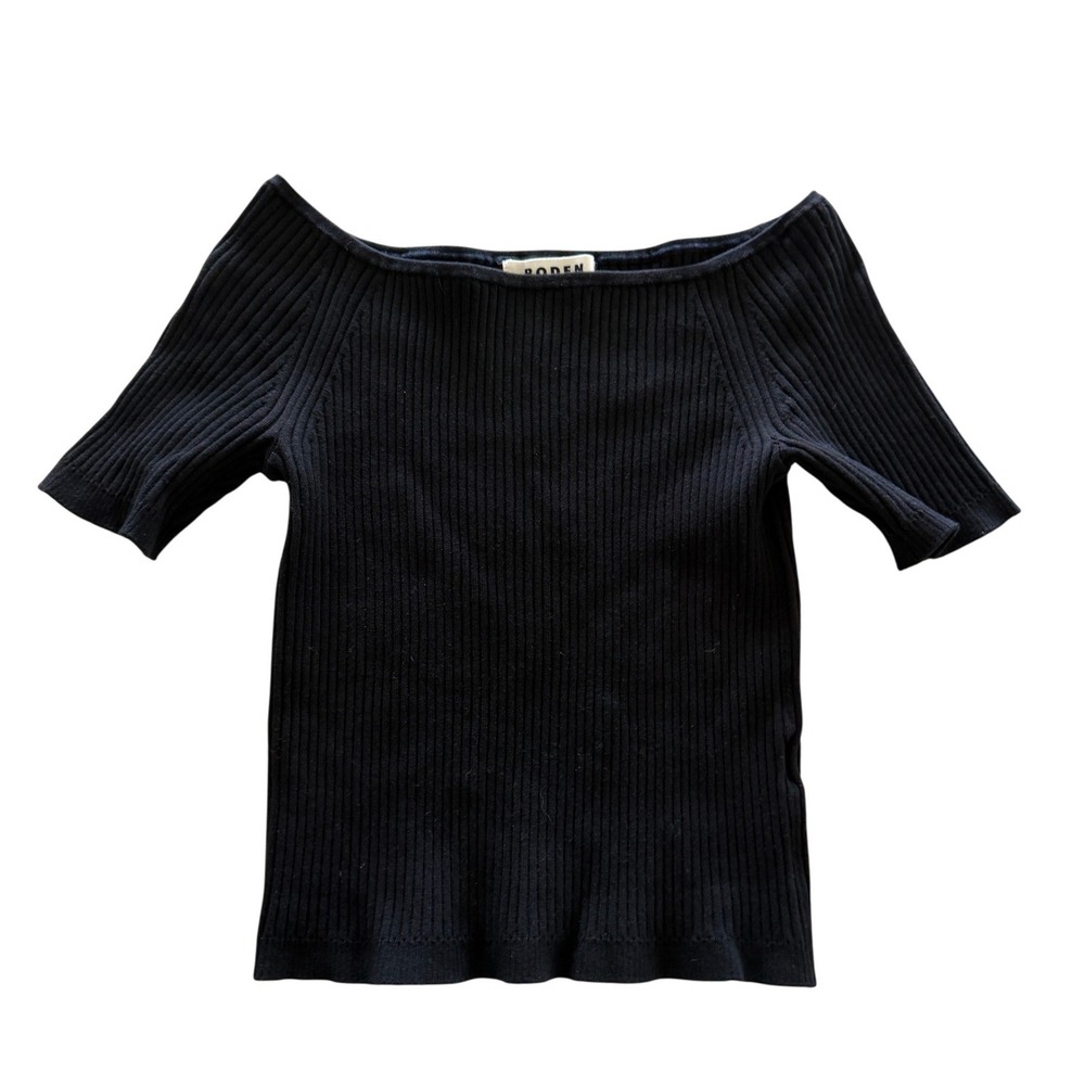 Boden Womens Black Ribbed Knit Boat Neck Short Sleeve Top Size M